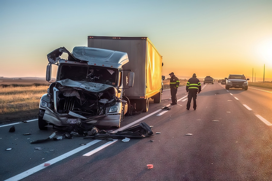 truck accident A truck totaled on a highway.