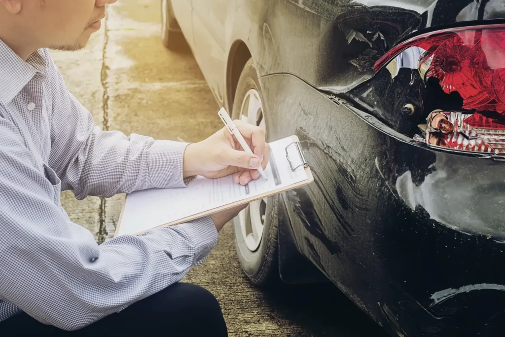 An insurance adjuster writing on a clipboard next to a damaged car, representing the process of determining if car insurance covers pedestrian accidents.